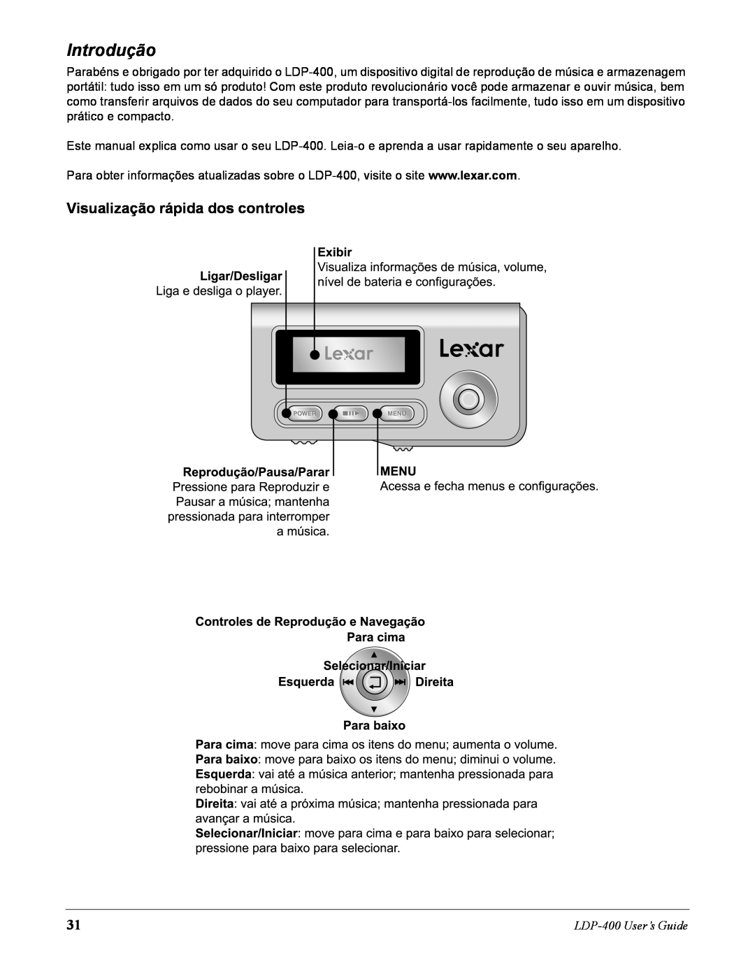 Lexar Media manual Introdução, Visualização rápida dos controles, LDP-400User’s Guide 