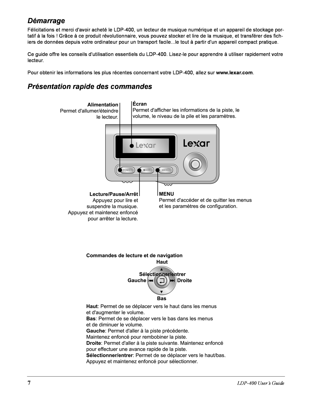 Lexar Media manual Démarrage, Présentation rapide des commandes, LDP-400User’s Guide 