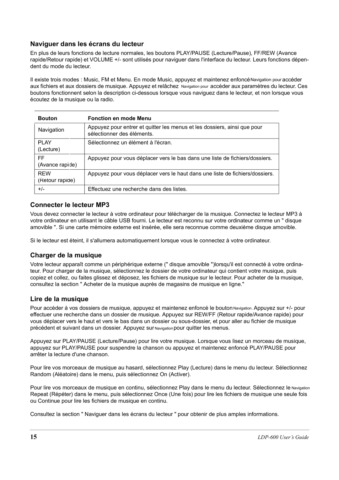 Lexar Media LDP-600 manual Naviguer dans les écrans du lecteur, Connecter le lecteur MP3, Charger de la musique 