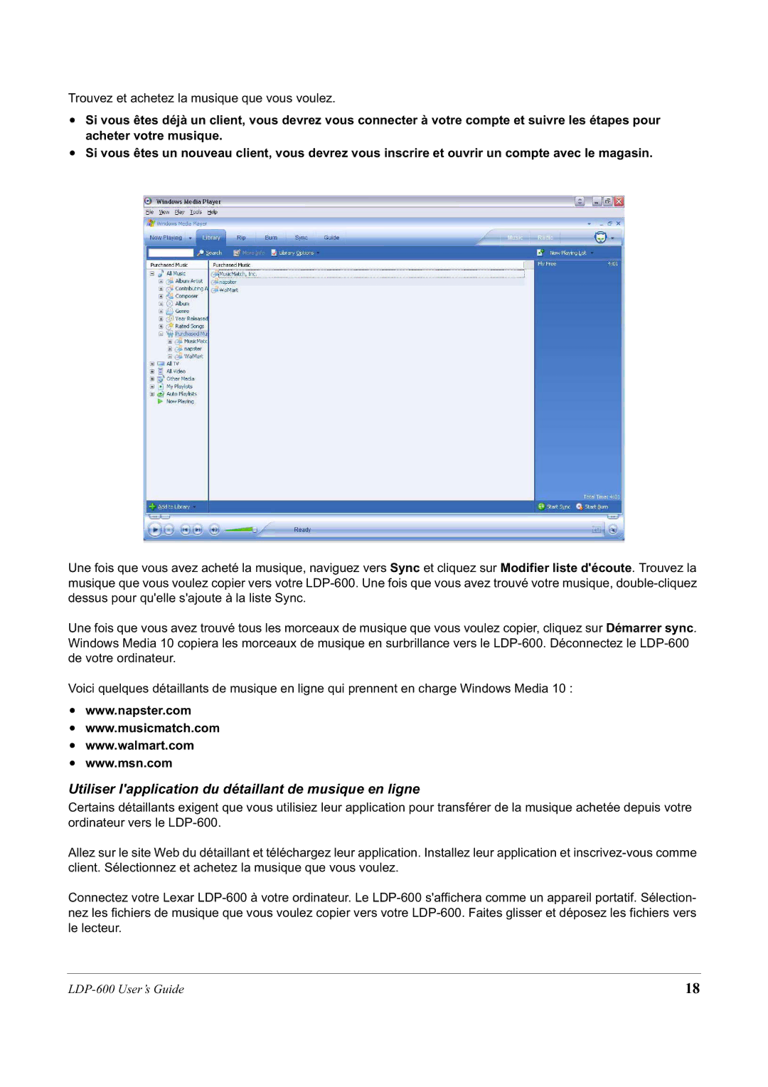 Lexar Media LDP-600 manual Utiliser lapplication du détaillant de musique en ligne 
