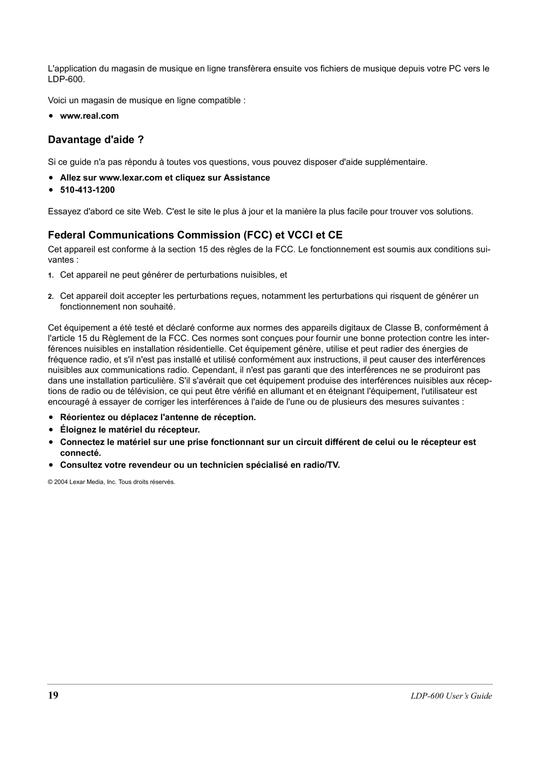 Lexar Media LDP-600 manual Davantage daide ?, Federal Communications Commission FCC et Vcci et CE 