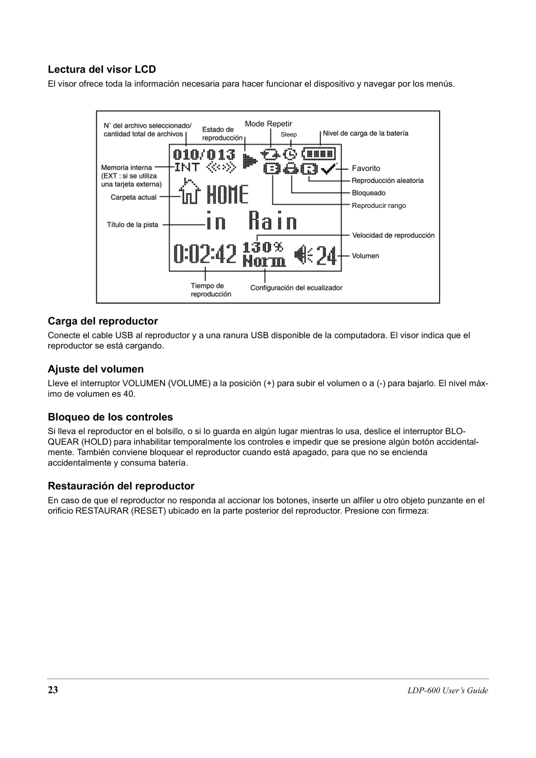 Lexar Media LDP-600 manual Lectura del visor LCD, Carga del reproductor, Ajuste del volumen, Bloqueo de los controles 