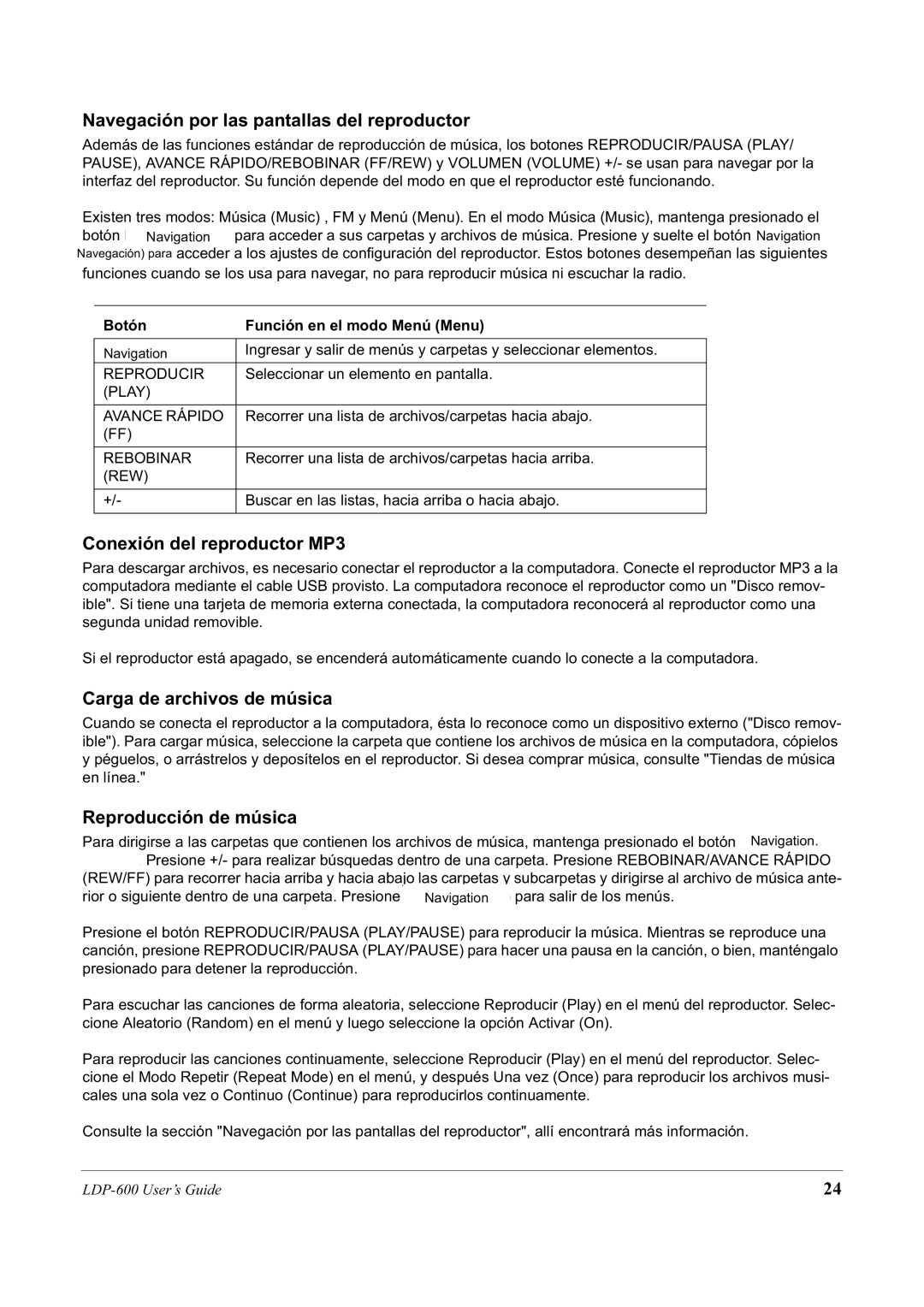 Lexar Media LDP-600 Navegación por las pantallas del reproductor, Conexión del reproductor MP3, Reproducción de música 