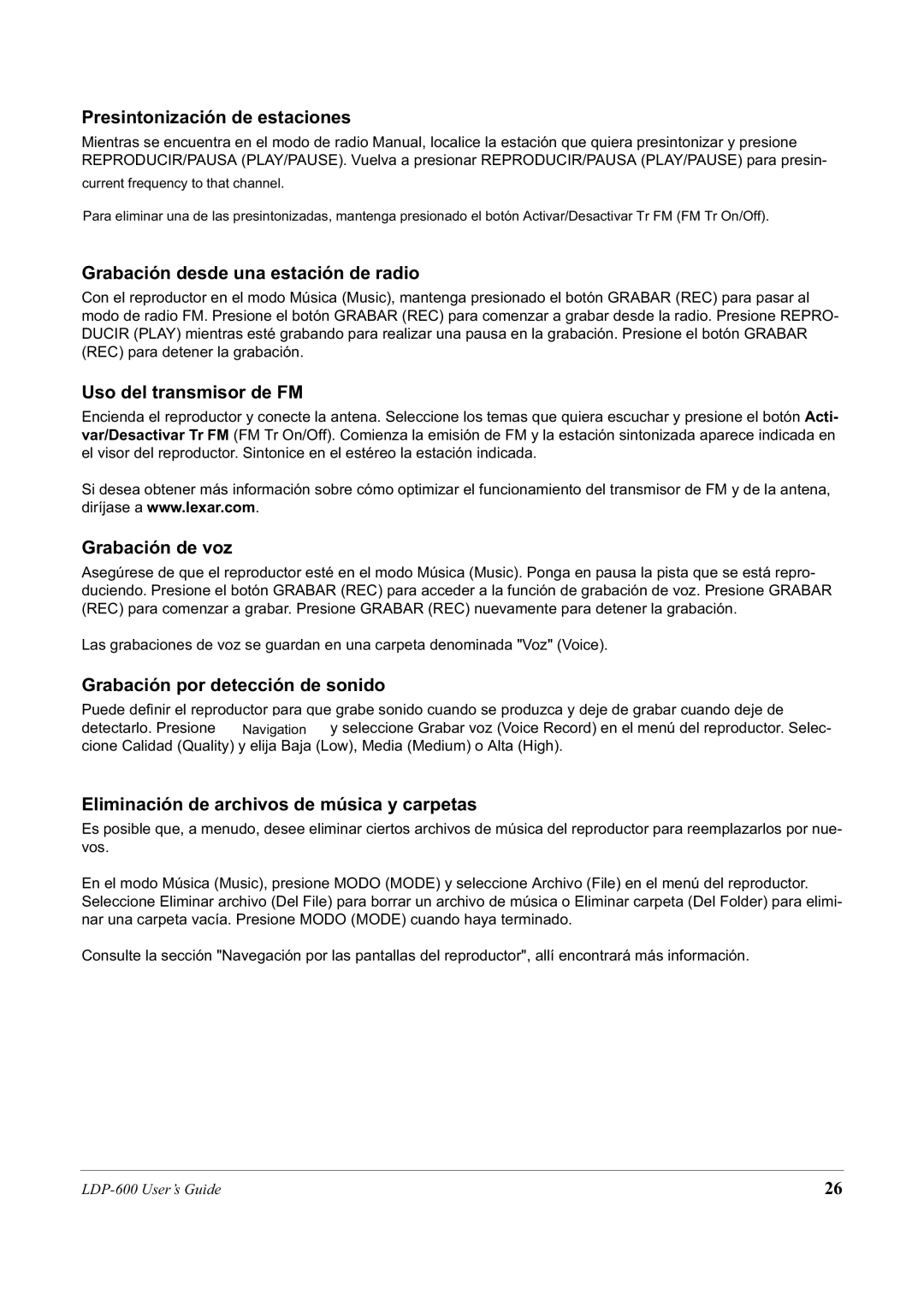 Lexar Media LDP-600 manual Presintonización de estaciones, Grabación desde una estación de radio, Uso del transmisor de FM 