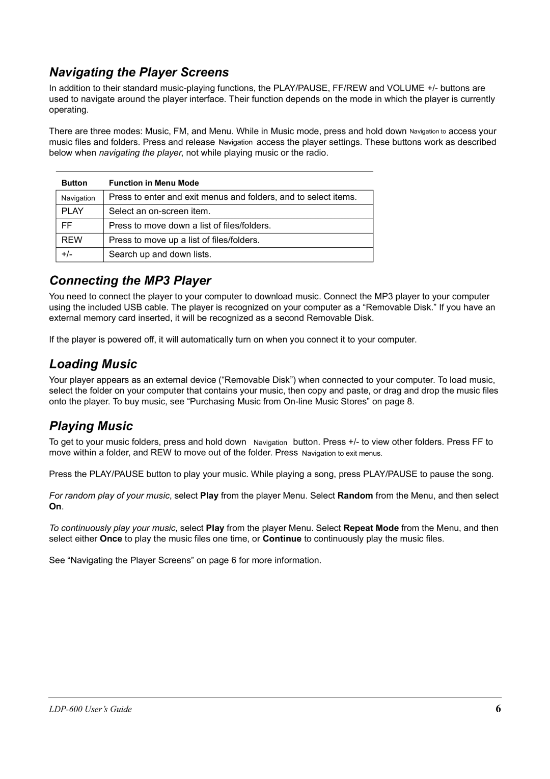 Lexar Media LDP-600 manual Navigating the Player Screens, Connecting the MP3 Player, Loading Music, Playing Music 