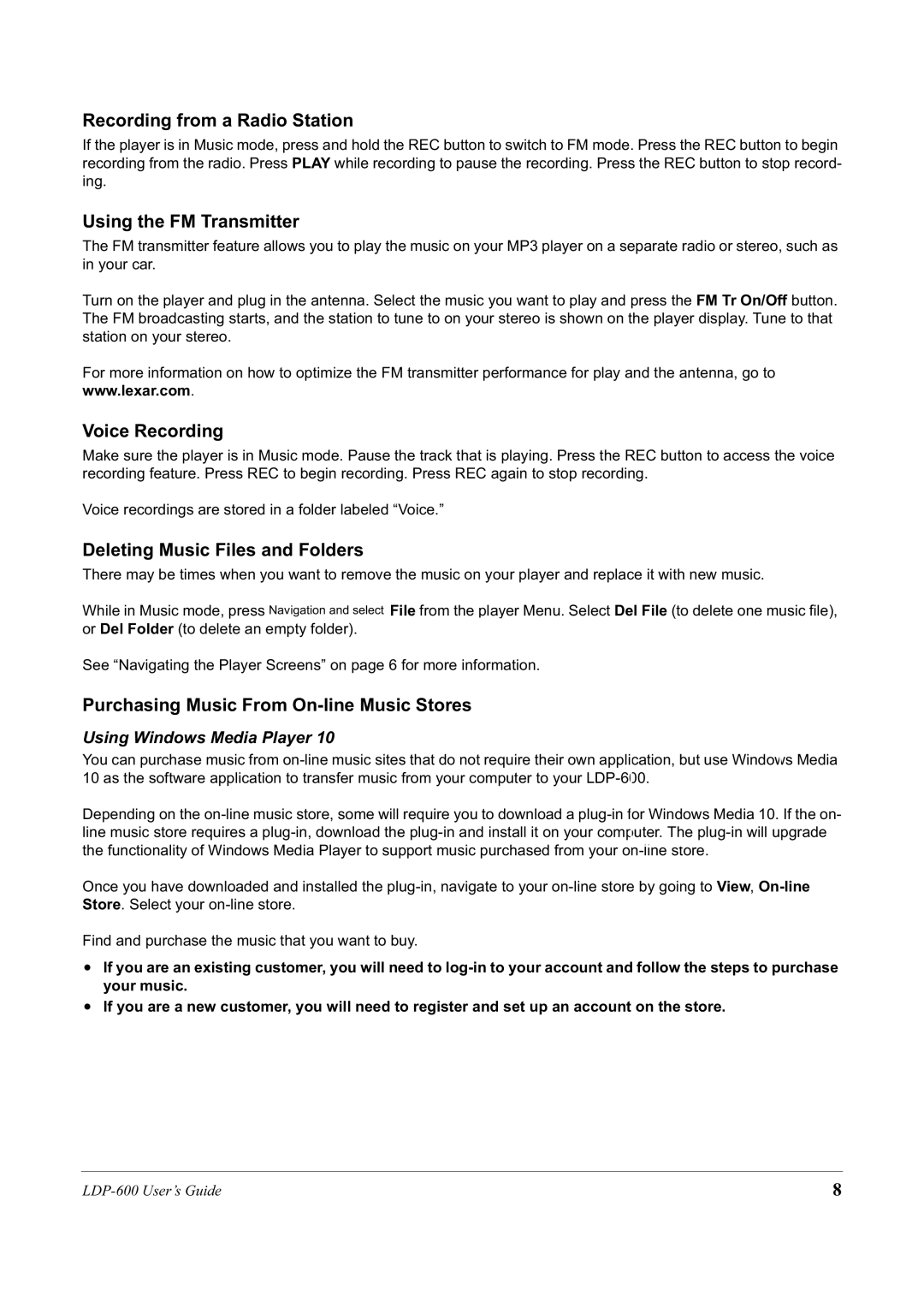 Lexar Media LDP-600 manual Recording from a Radio Station, Using the FM Transmitter, Voice Recording 