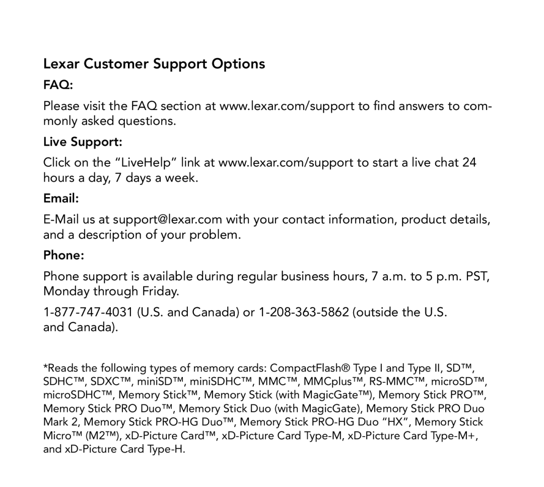 Lexar Media LRW025URBNA quick start Lexar Customer Support Options, Faq 