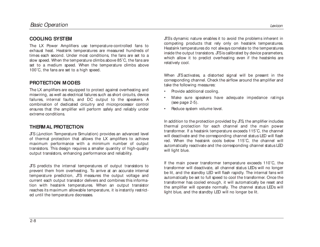 Lexicon 070-14876 manual Cooling System, Protection Modes, Thermal Protection 