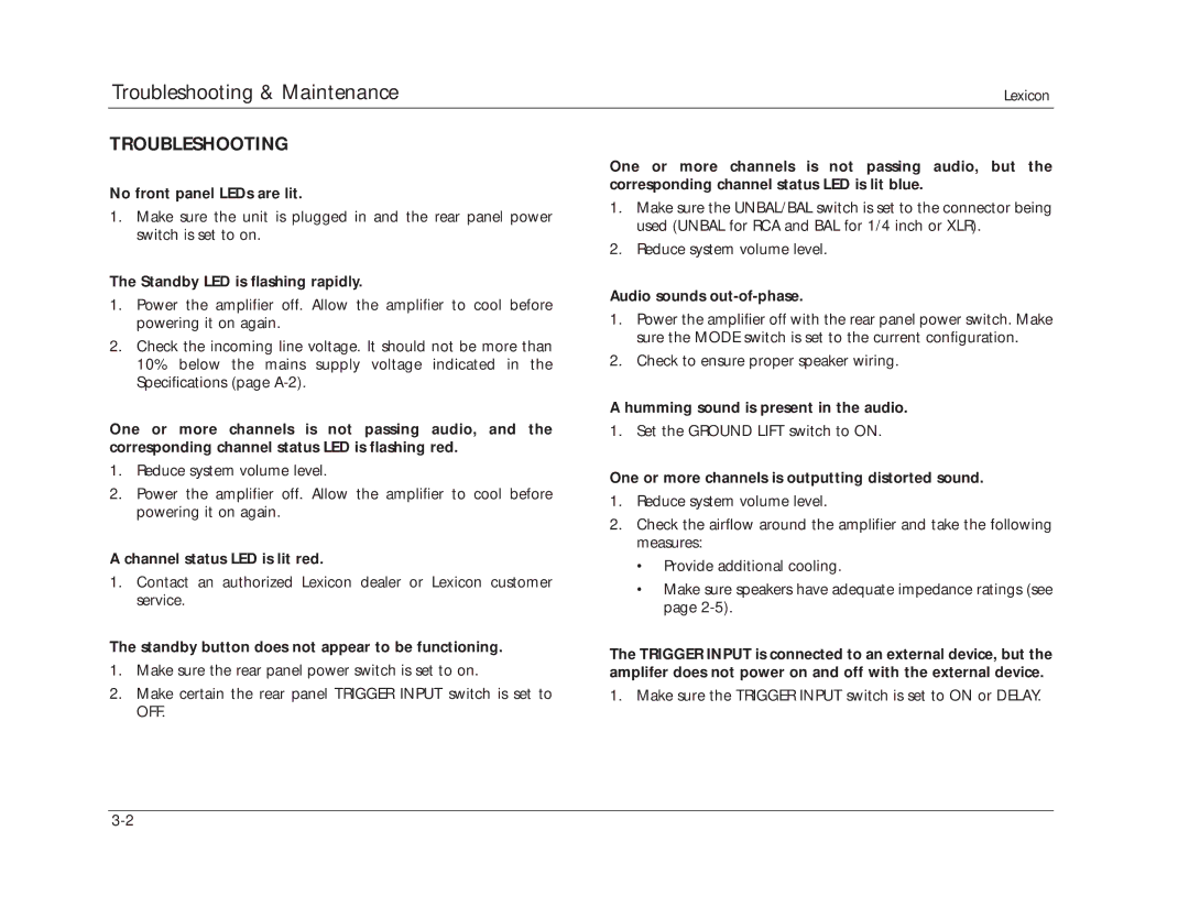 Lexicon 070-14876 manual Troubleshooting & Maintenance 