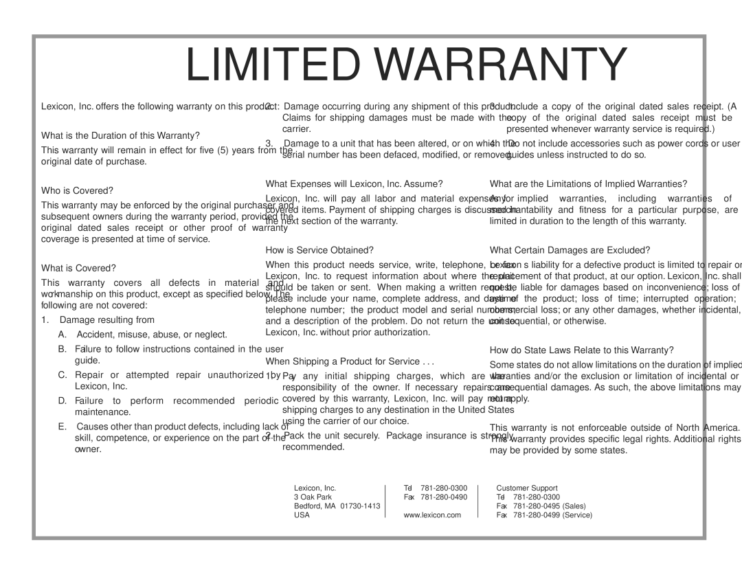 Lexicon 070-14876 manual Limited Warranty 