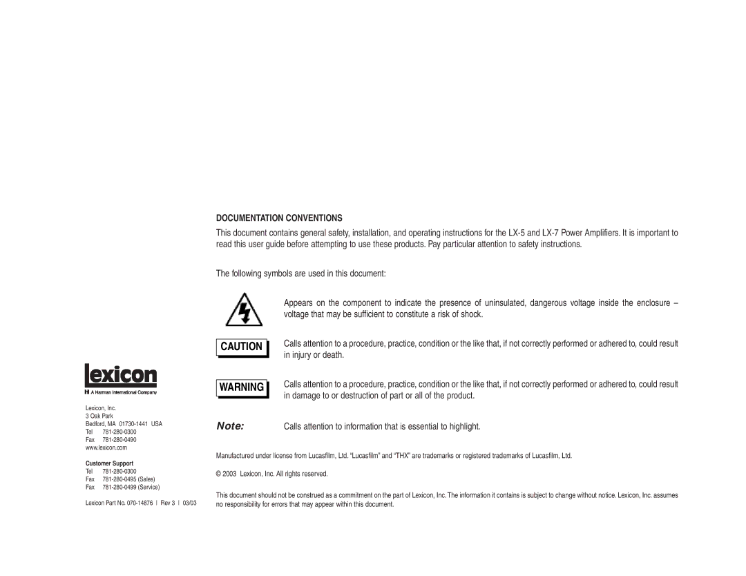 Lexicon 070-14876 manual Documentation Conventions 