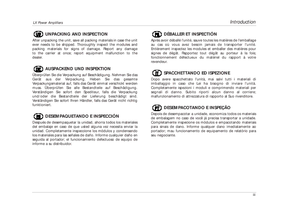 Lexicon 070-14876 manual Unpacking and Inspection, Auspackend UND Inspektion, Desempaquetando E Inspección 