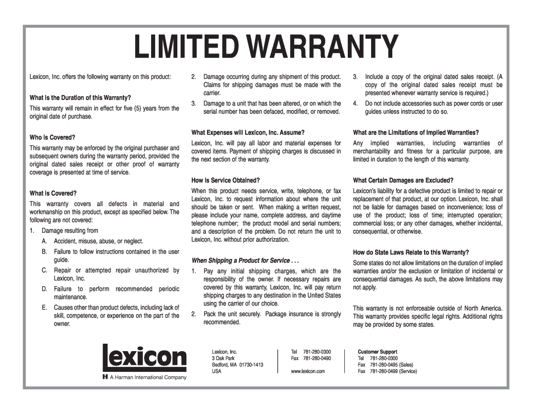 Lexicon 070-14876 manual Limited Warranty, What is the Duration of this Warranty?, Who is Covered?, What is Covered? 