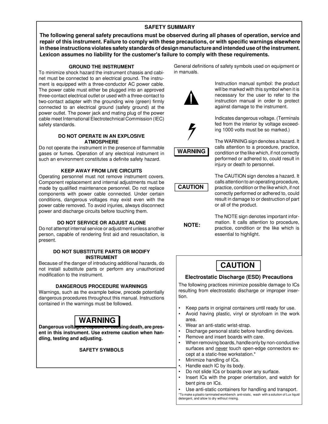 Lexicon 20/20 AD manual Electrostatic Discharge ESD Precautions 