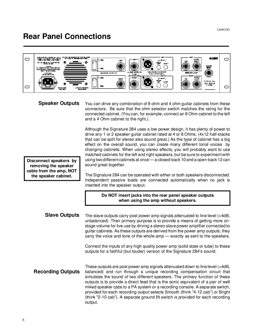 Lexicon 284 manual Rear Panel Connections, Speaker Outputs, Slave Outputs Recording Outputs 