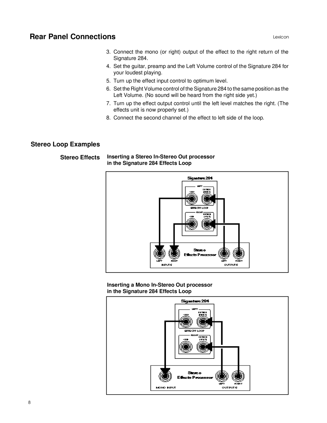 Lexicon 284 manual Stereo Loop Examples, Stereo Effects 