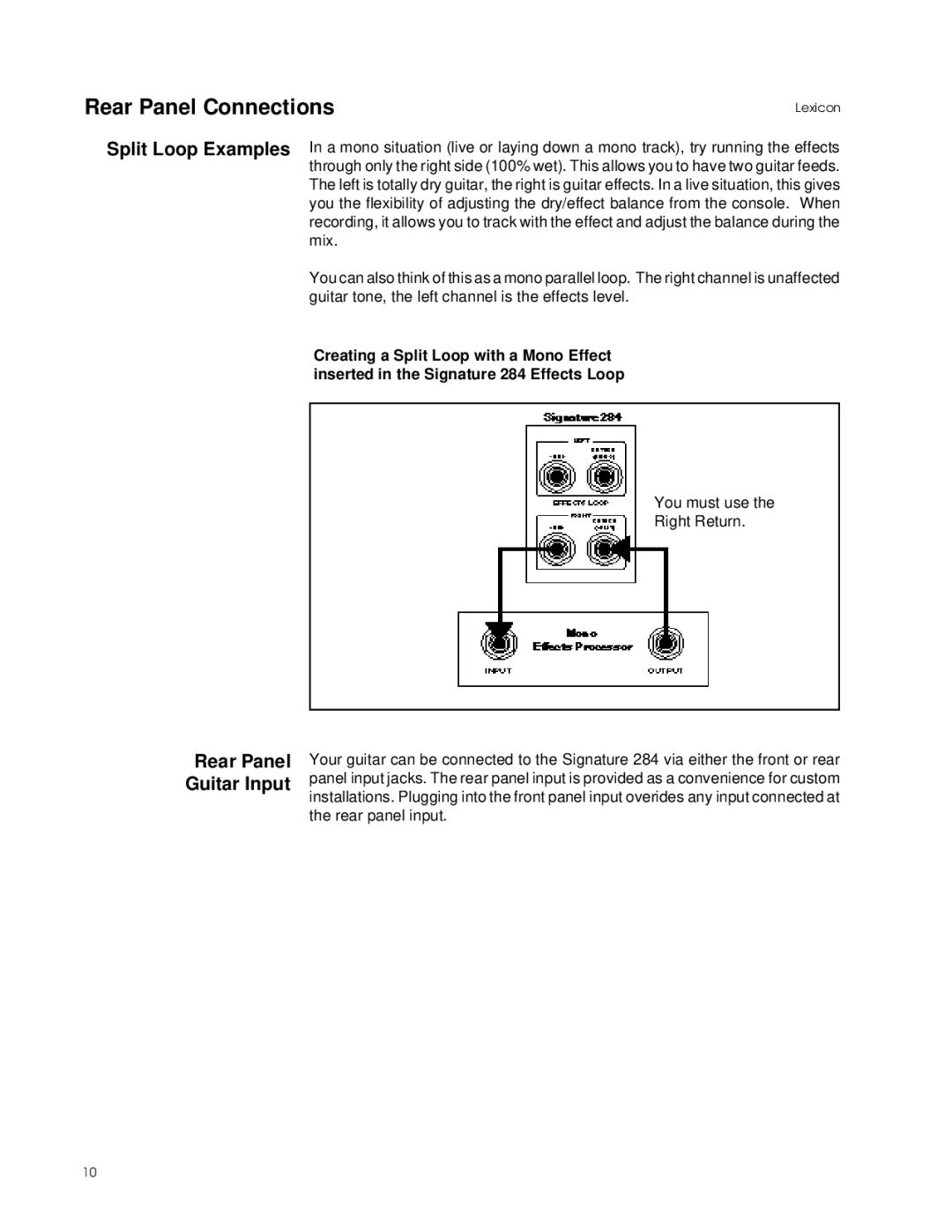 Lexicon 284 manual Rear Panel Guitar Input 
