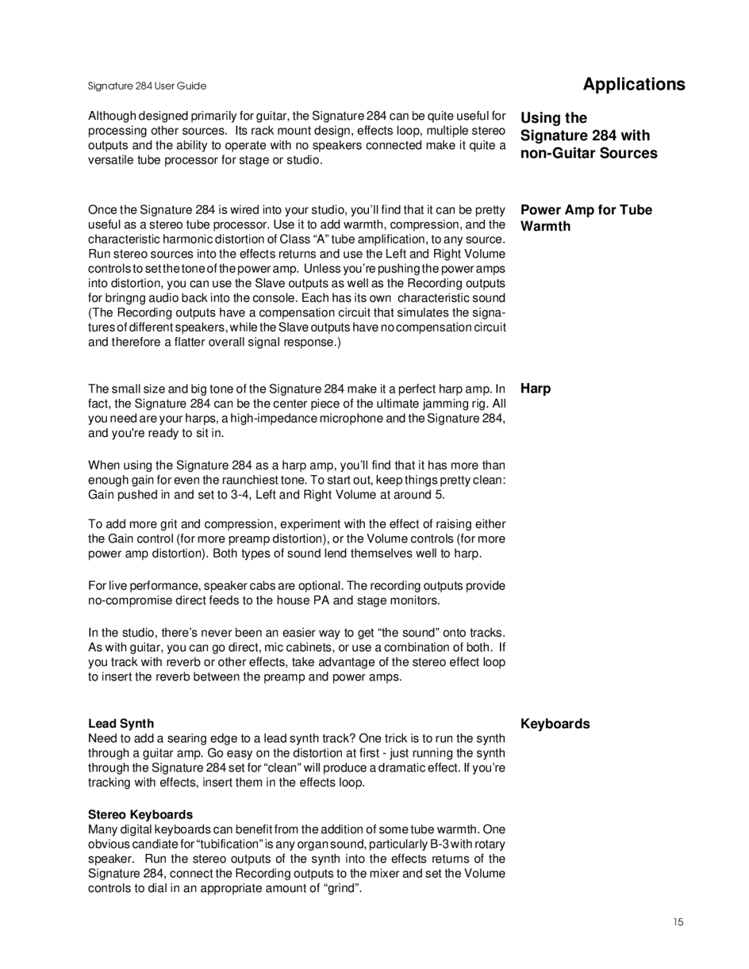 Lexicon manual Using the Signature 284 with non-Guitar Sources, Power Amp for Tube Warmth Harp, Keyboards, Lead Synth 
