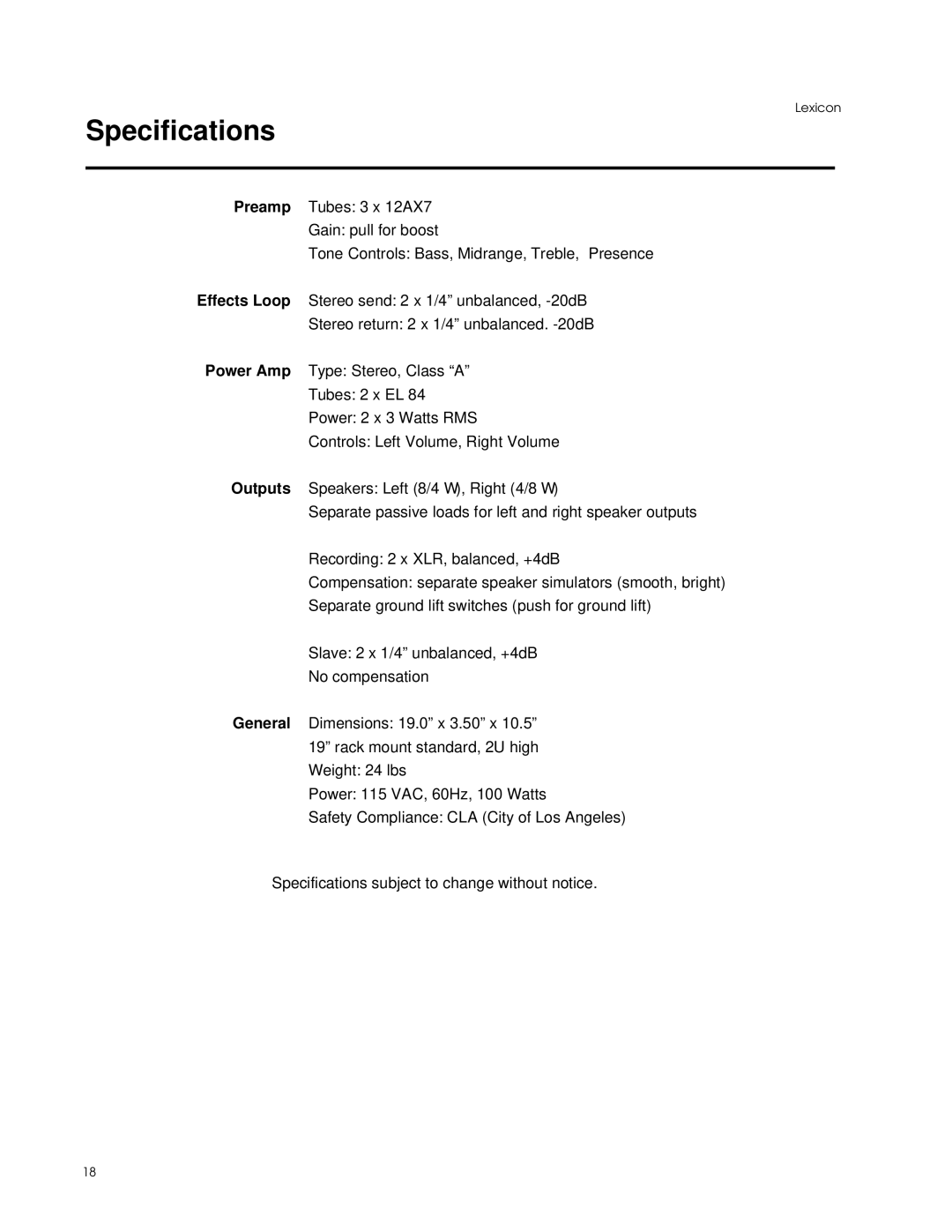 Lexicon 284 manual Specifications 