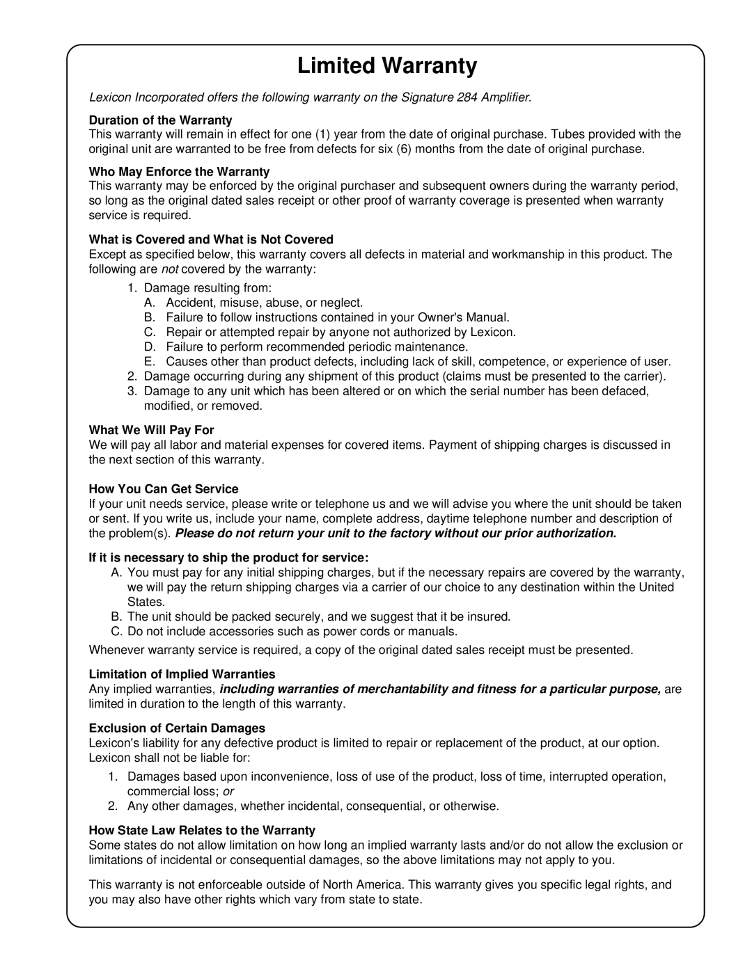 Lexicon 284 manual Limited Warranty 