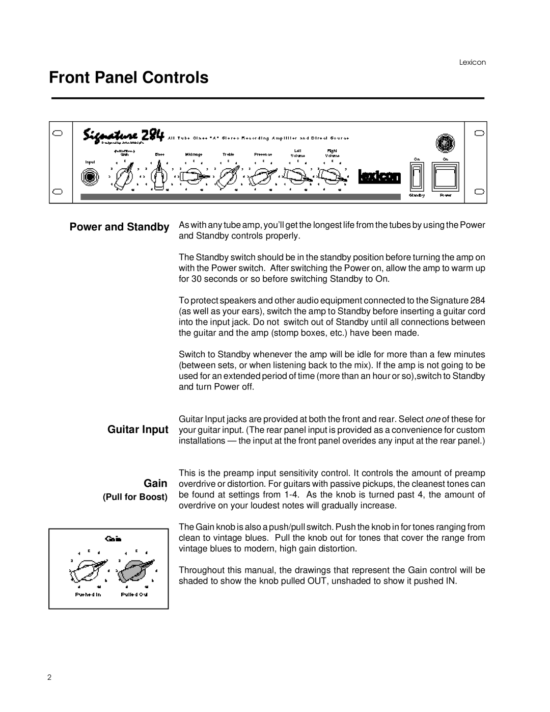 Lexicon 284 manual Front Panel Controls, Power and Standby Guitar Input Gain, Pull for Boost 