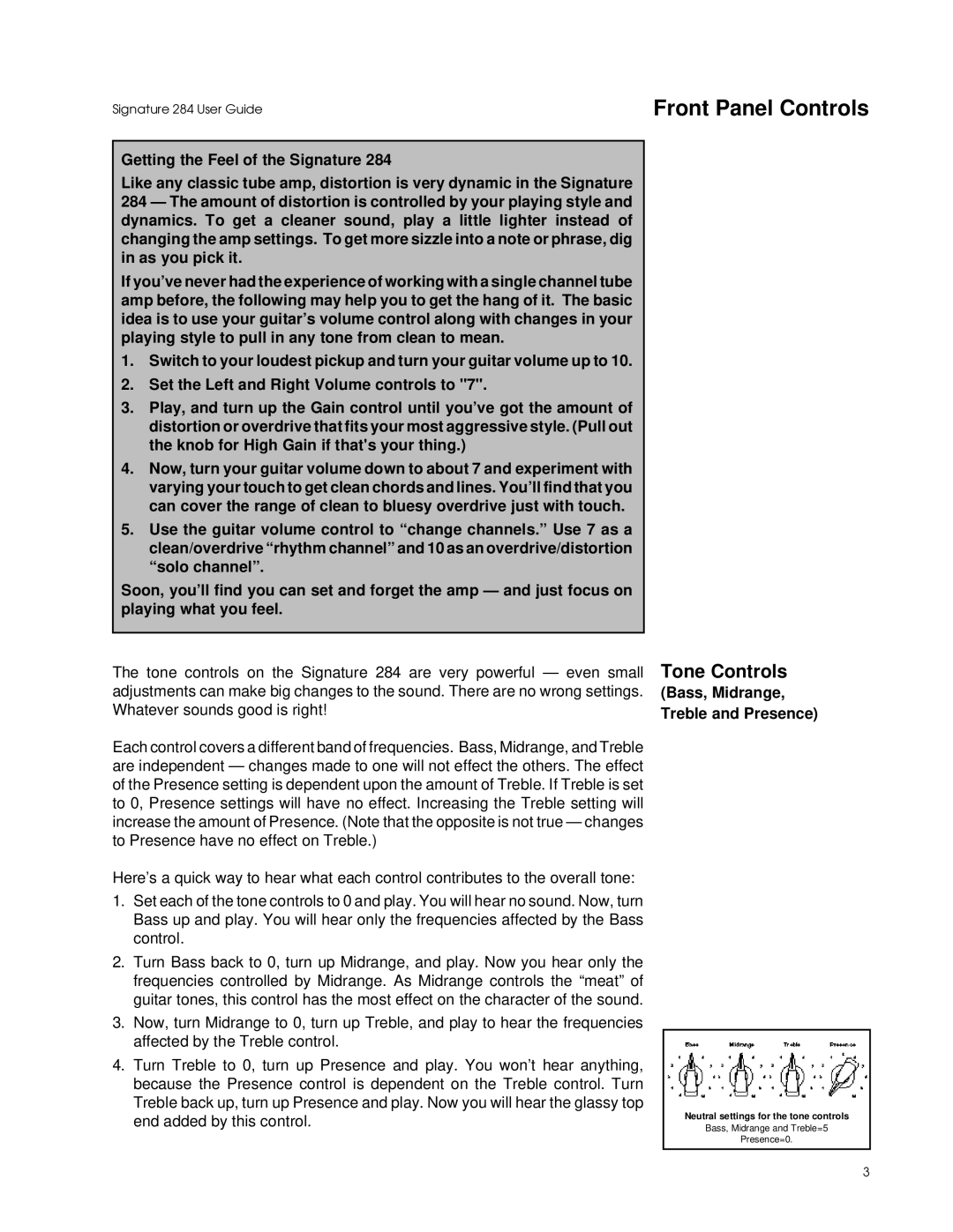 Lexicon 284 manual Tone Controls, Getting the Feel of the Signature, Bass, Midrange, Treble and Presence 