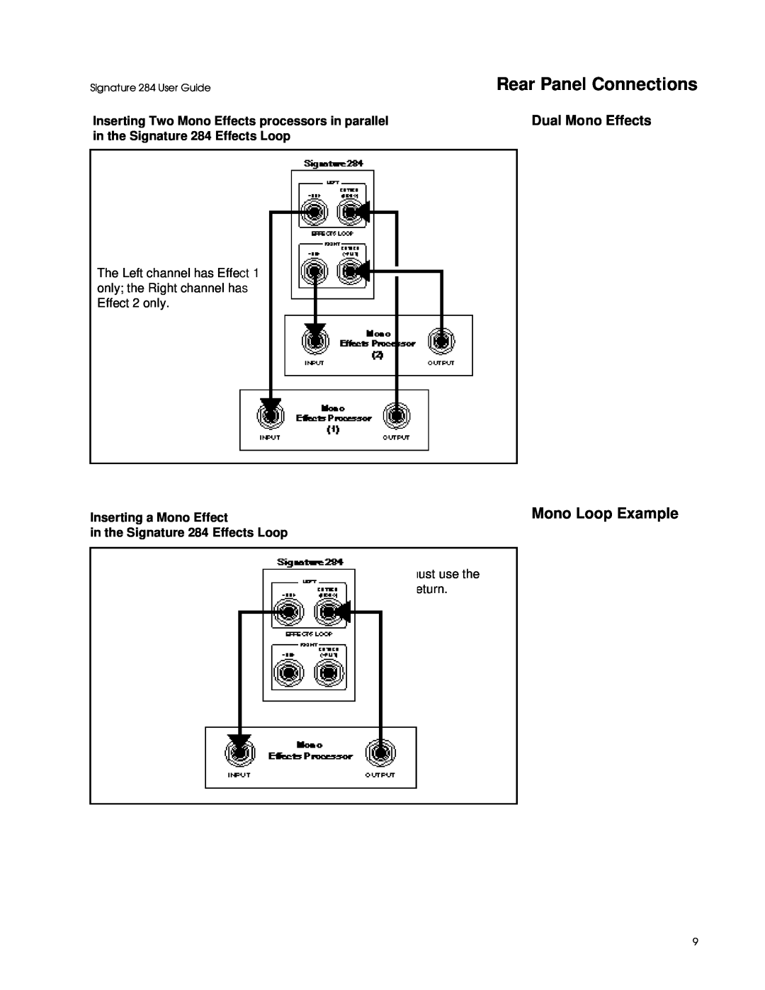 Lexicon 284 manual Mono Loop Example, Rear Panel Connections, Dual Mono Effects, Inserting a Mono Effect 