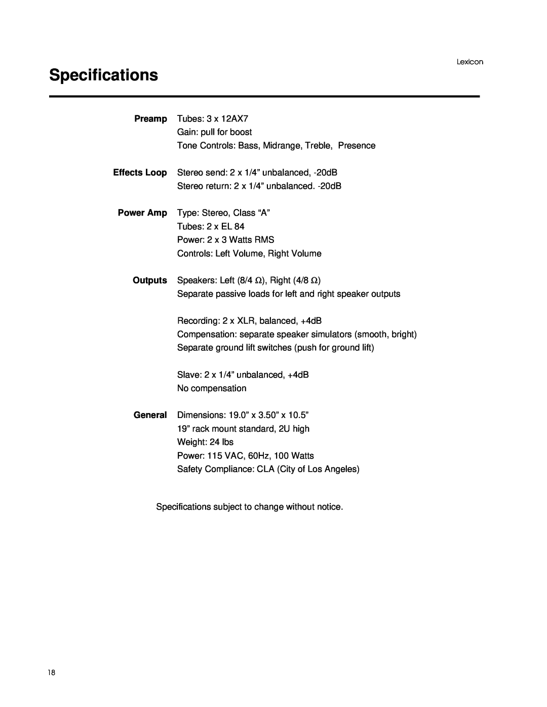 Lexicon 284 manual Specifications 