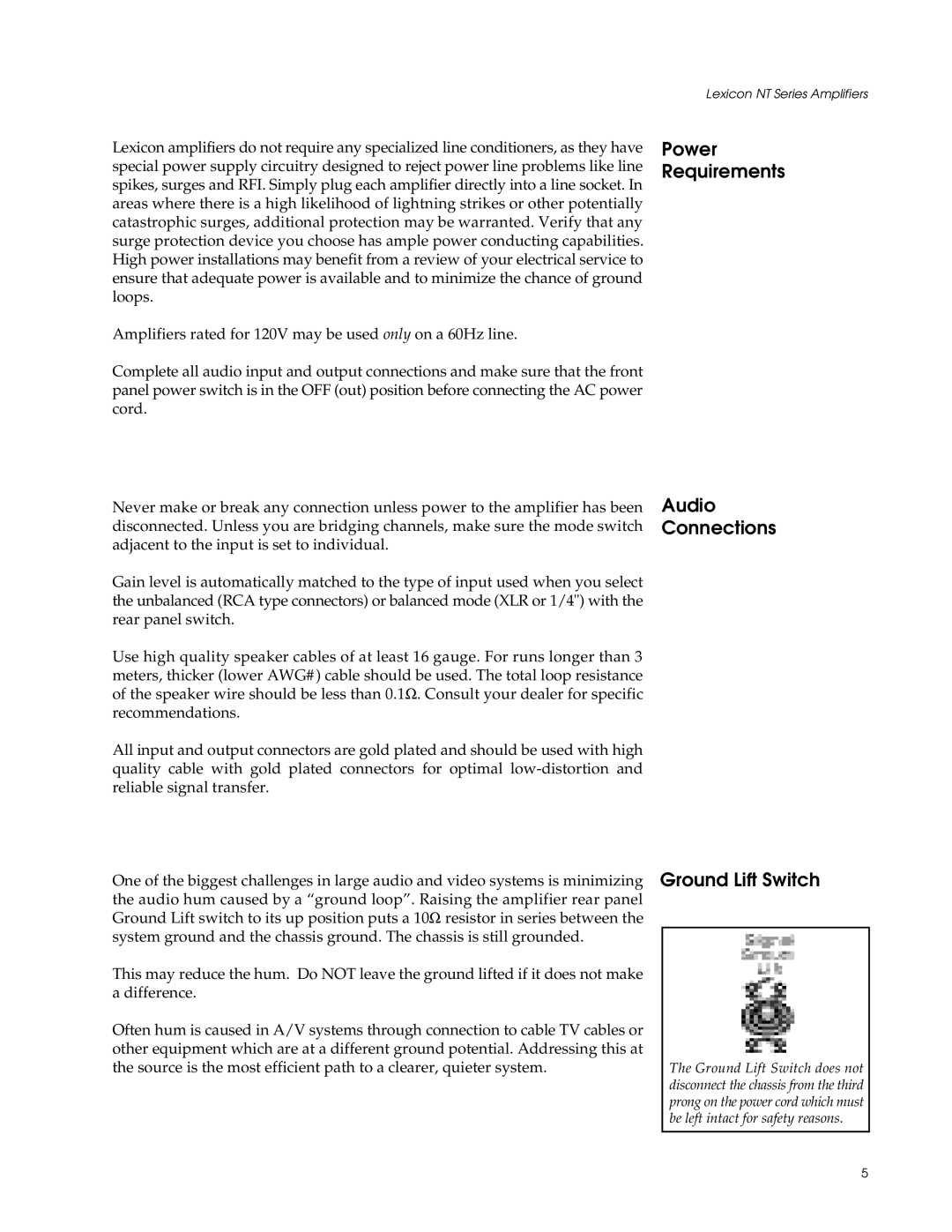 Lexicon 501, 412, 212, 312, 225 manual Power Requirements Audio Connections Ground Lift Switch 