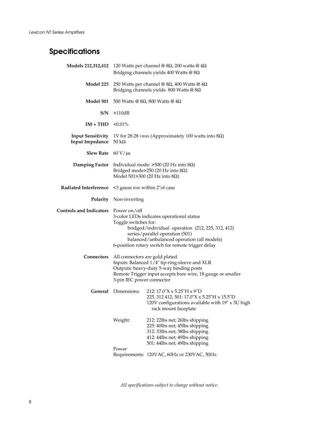 Lexicon 312, 501, 412, 212, 225 manual Specifications, Im + Thd 