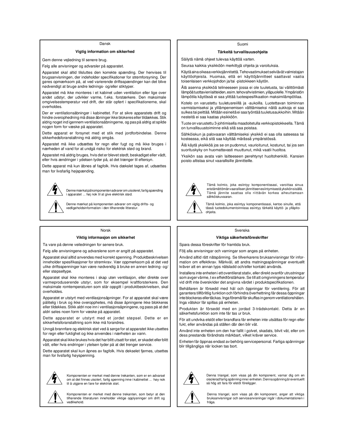 Lexicon 312, 501, 412, 212, 225 manual Vigtig information om sikkerhed 