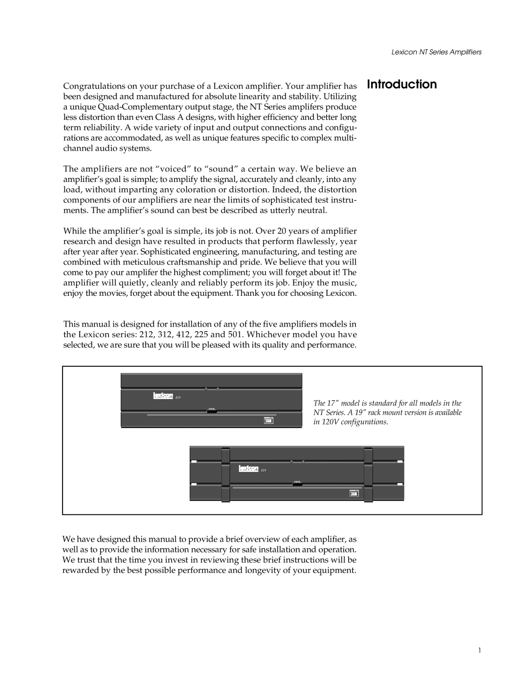 Lexicon 412, 501, 212, 312, 225 manual Lexicon NT Series Amplifiers 