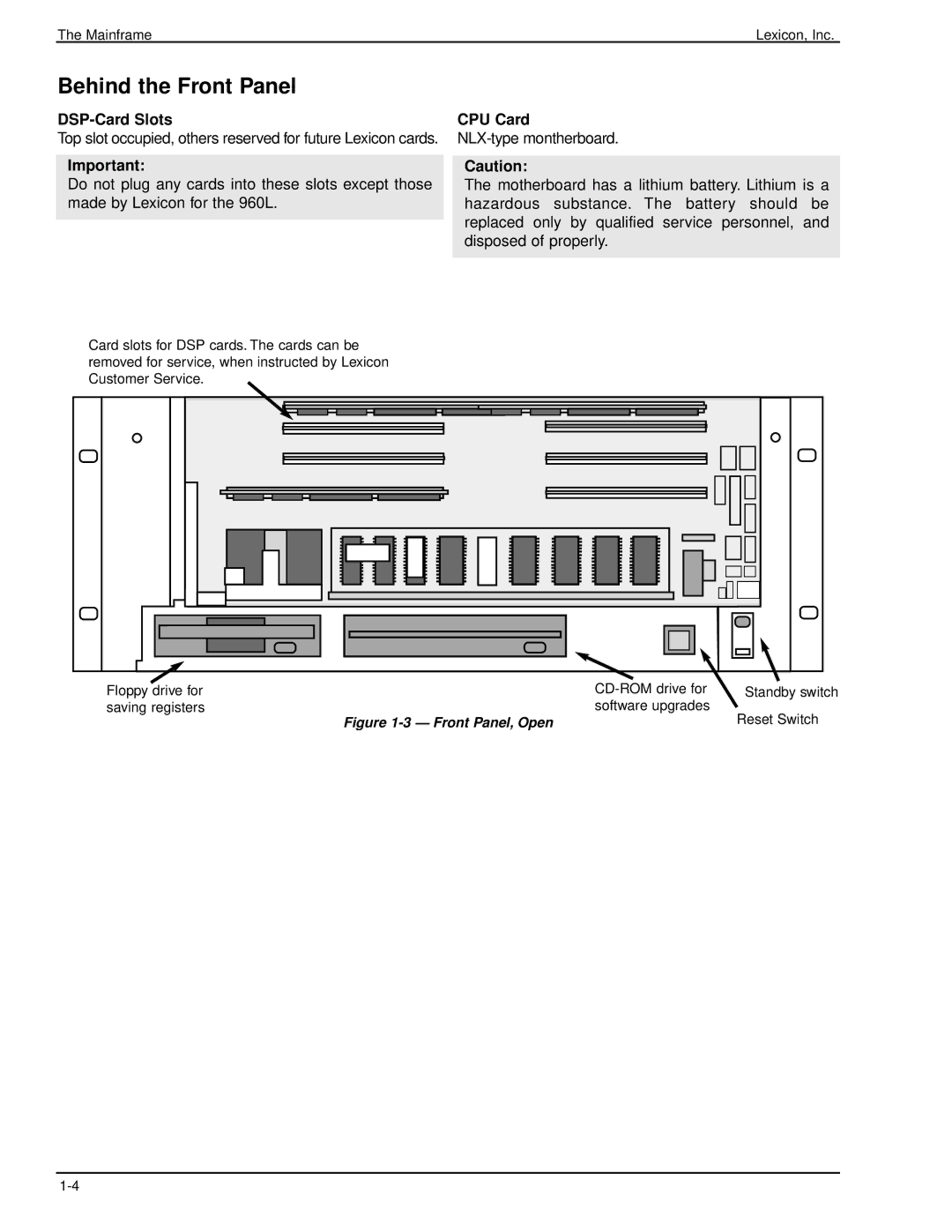 Lexicon 960L owner manual Behind the Front Panel, DSP-Card Slots, CPU Card 