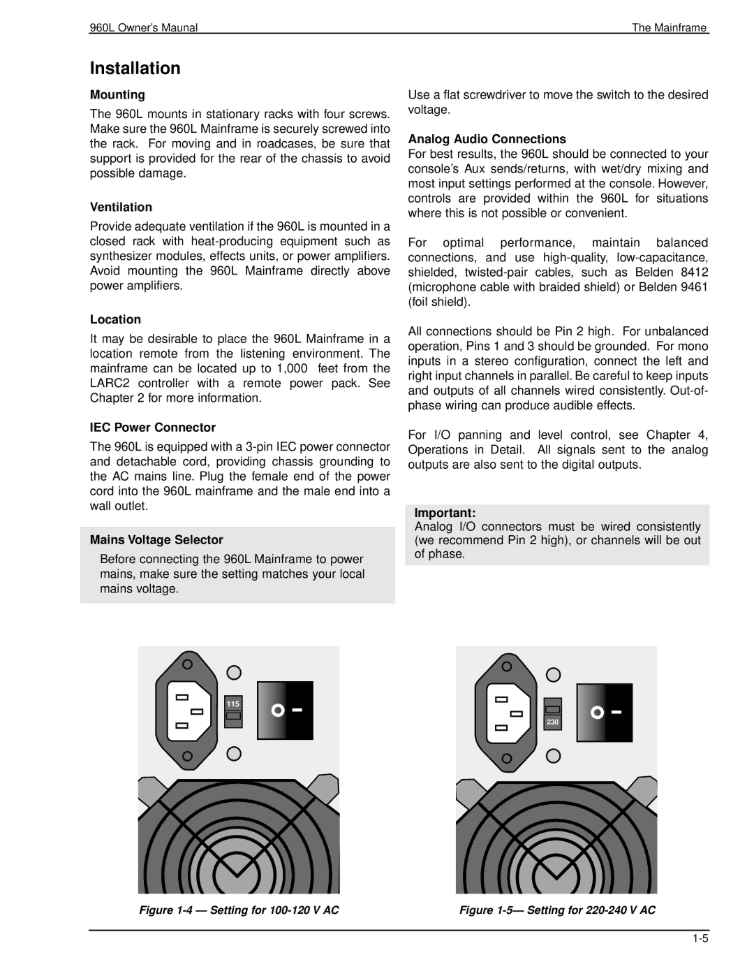 Lexicon 960L owner manual Installation, Mounting, Ventilation, Location, Analog Audio Connections 