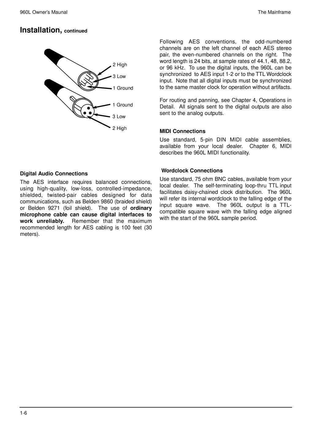 Lexicon 960L owner manual Digital Audio Connections, Midi Connections, Wordclock Connections 