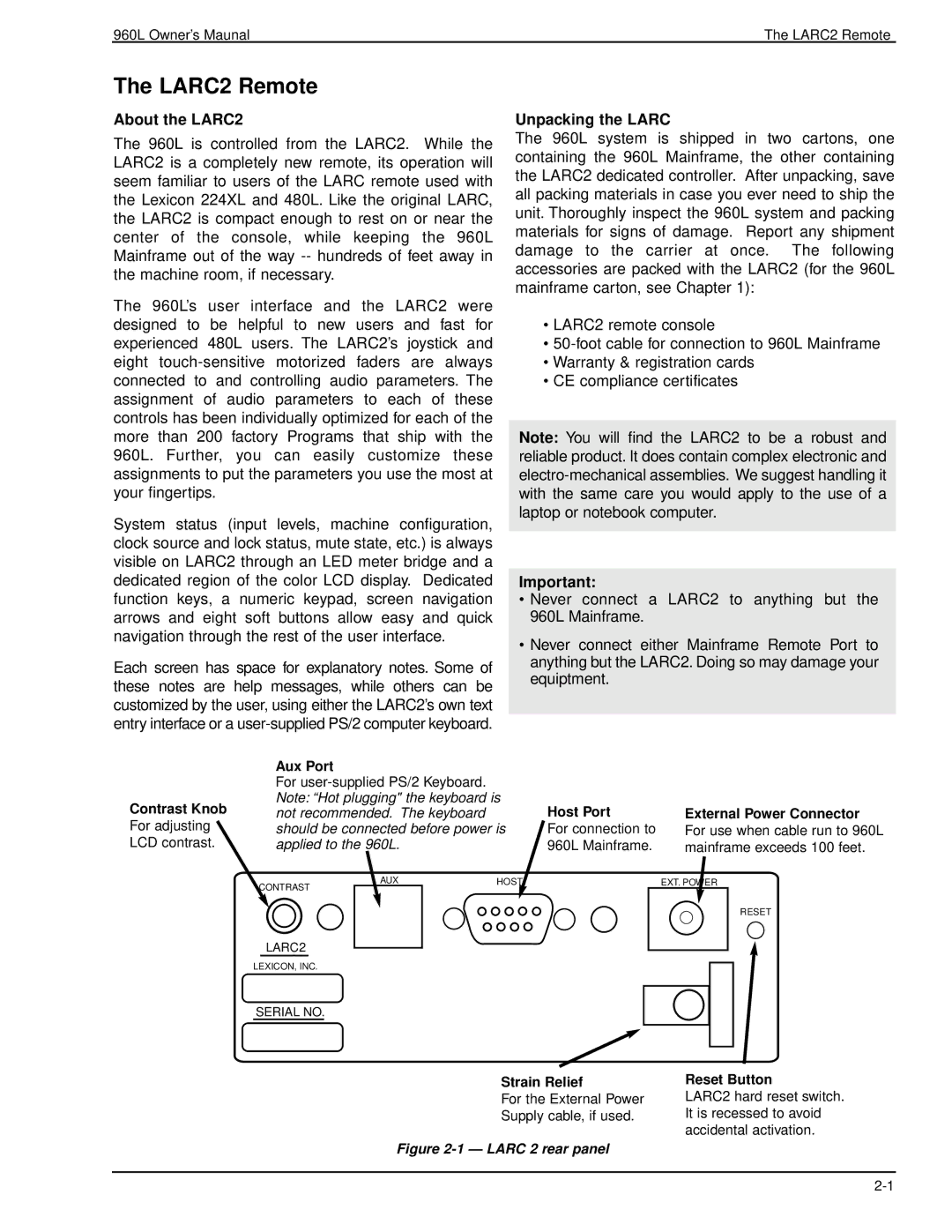 Lexicon 960L owner manual LARC2 Remote, About the LARC2, Unpacking the Larc 