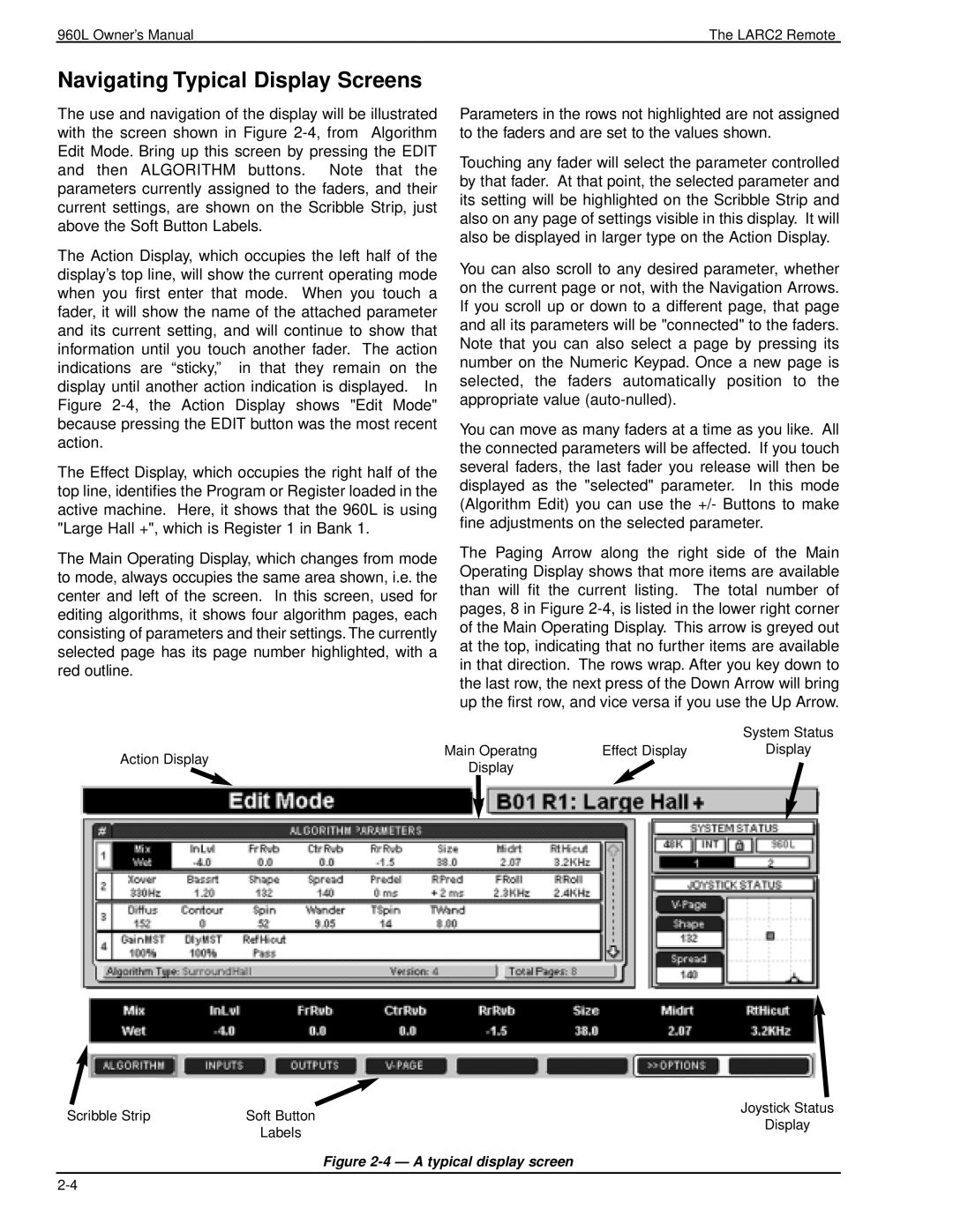 Lexicon 960L owner manual Navigating Typical Display Screens, A typical display screen 