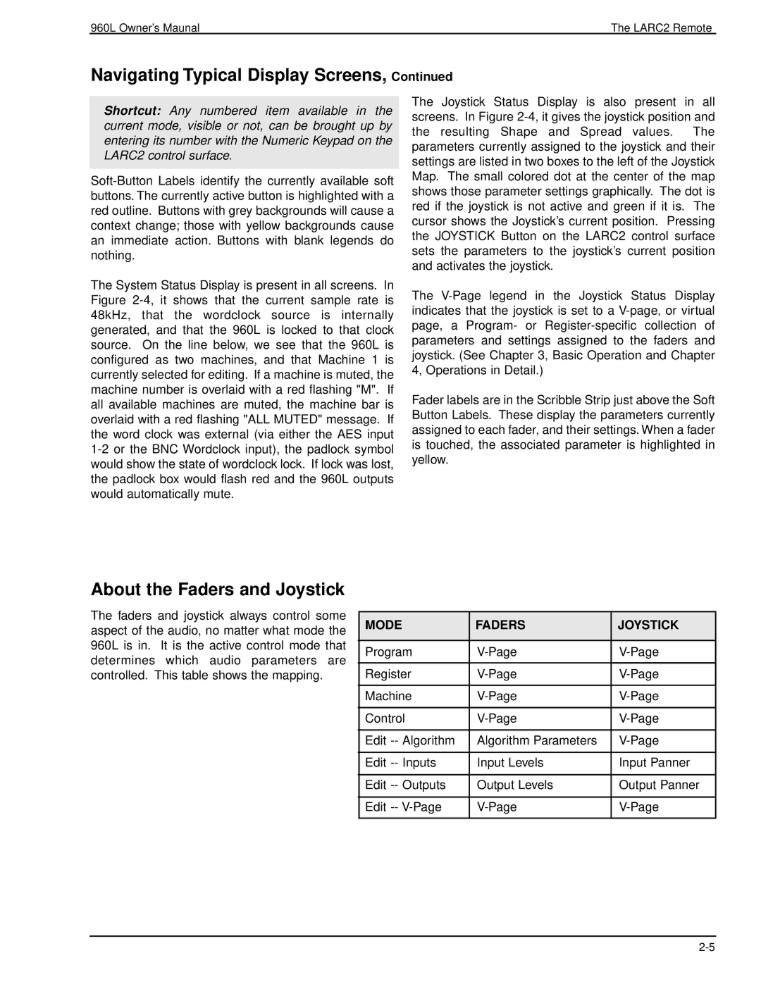 Lexicon 960L owner manual About the Faders and Joystick, Mode Faders Joystick 