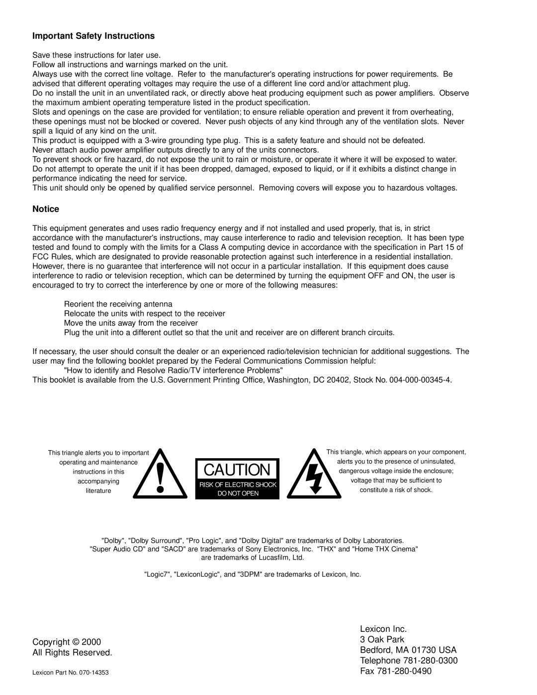 Lexicon 960L owner manual Important Safety Instructions 