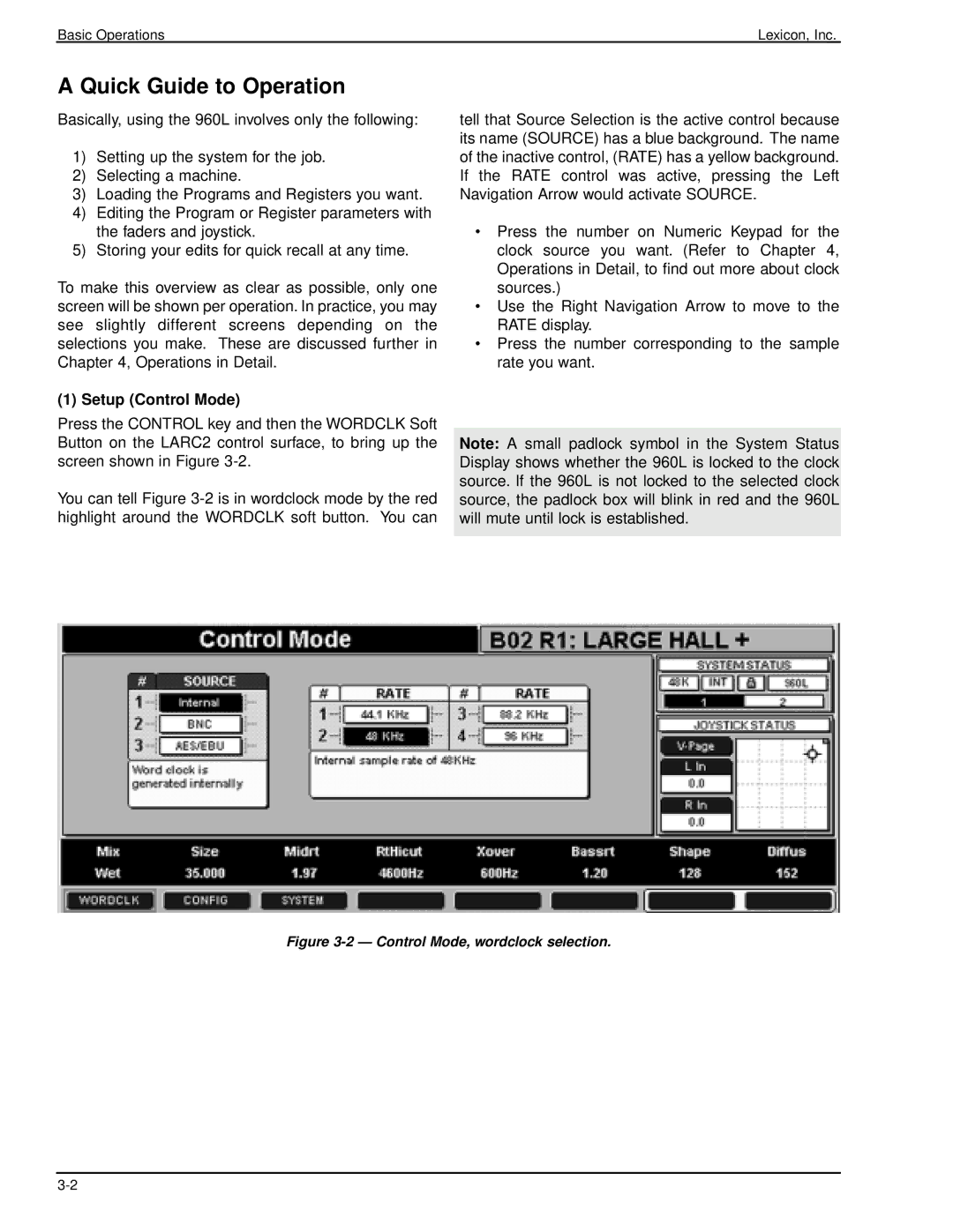 Lexicon 960L owner manual Quick Guide to Operation, Setup Control Mode 