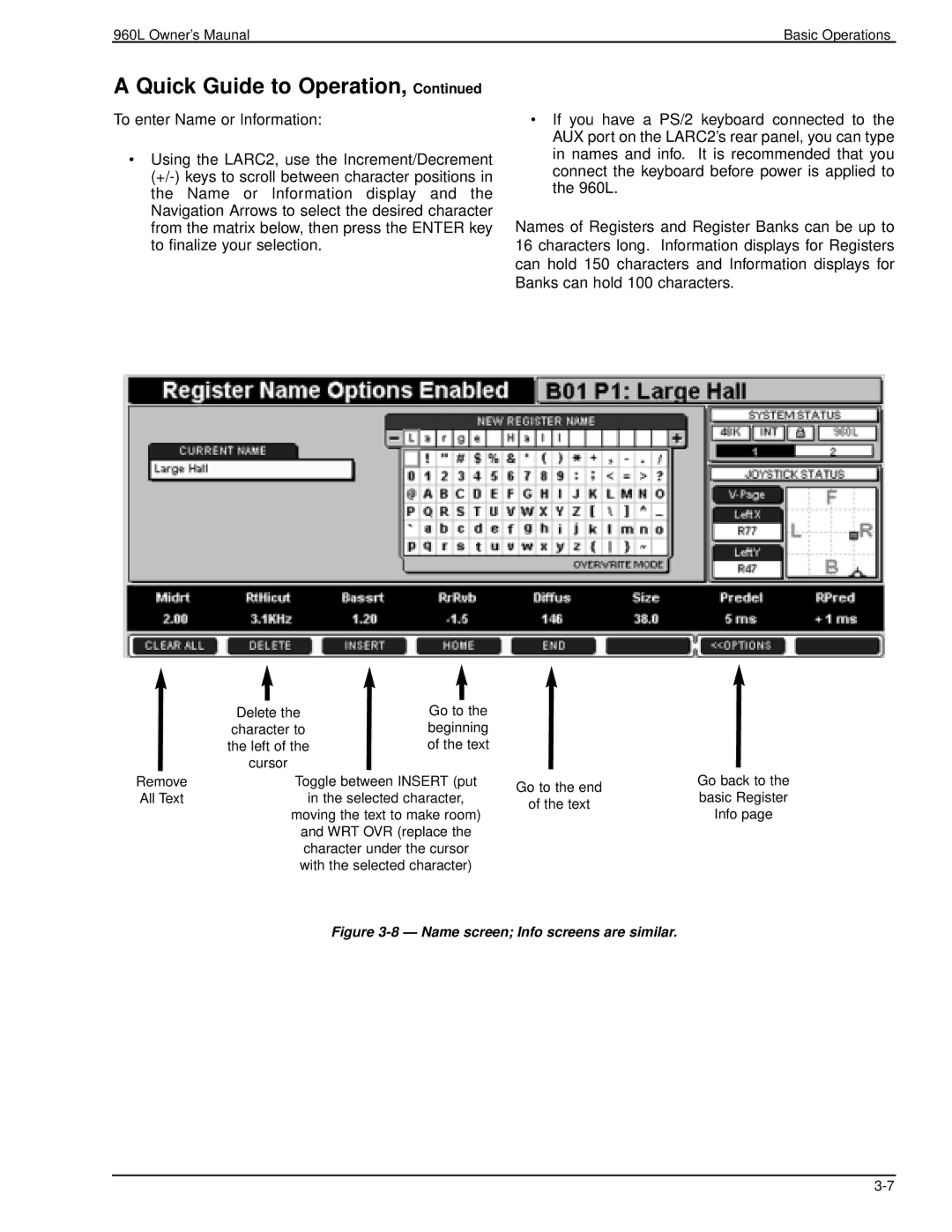 Lexicon 960L owner manual Name screen Info screens are similar 