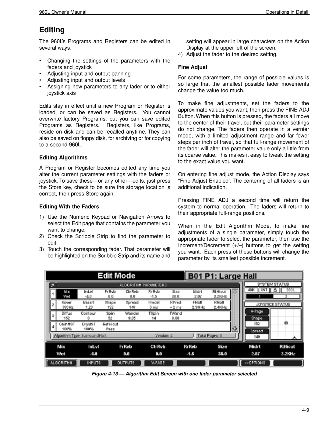 Lexicon 960L owner manual Editing Algorithms, Editing With the Faders, Fine Adjust 