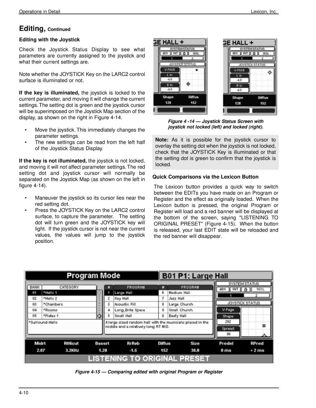 Lexicon 960L owner manual Editing with the Joystick, Quick Comparisons via the Lexicon Button 