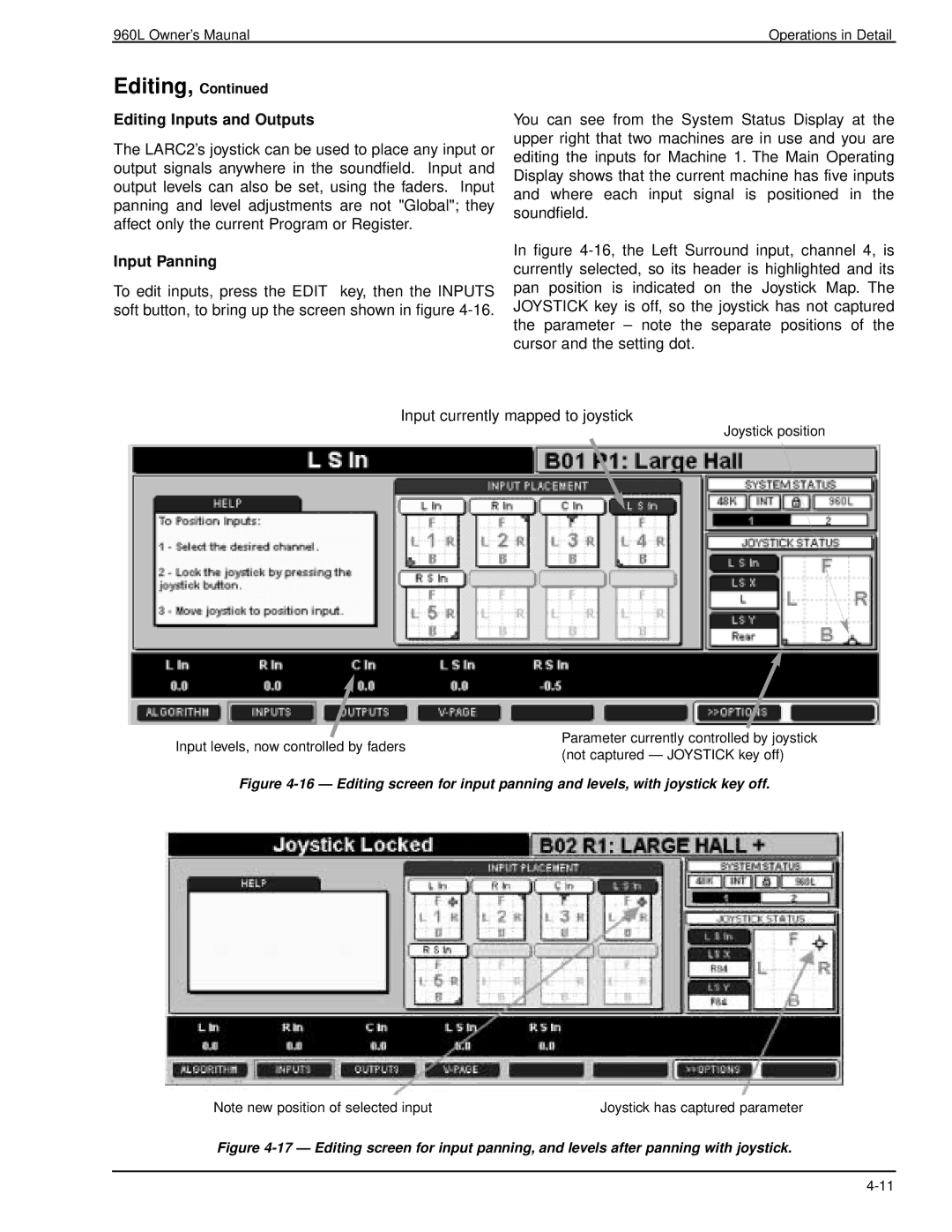 Lexicon 960L owner manual Editing Inputs and Outputs, Input Panning 