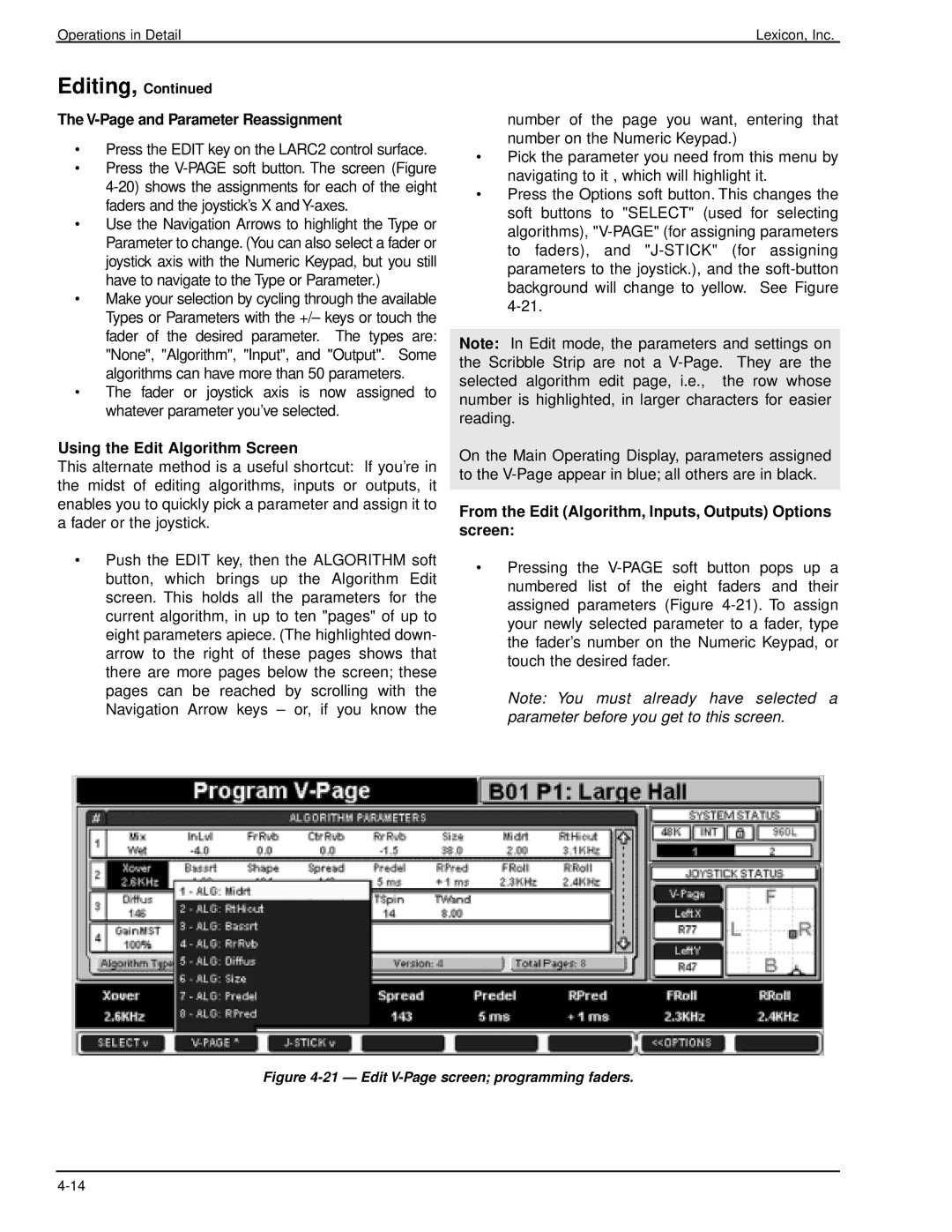 Lexicon 960L owner manual V-Page and Parameter Reassignment, Using the Edit Algorithm Screen 