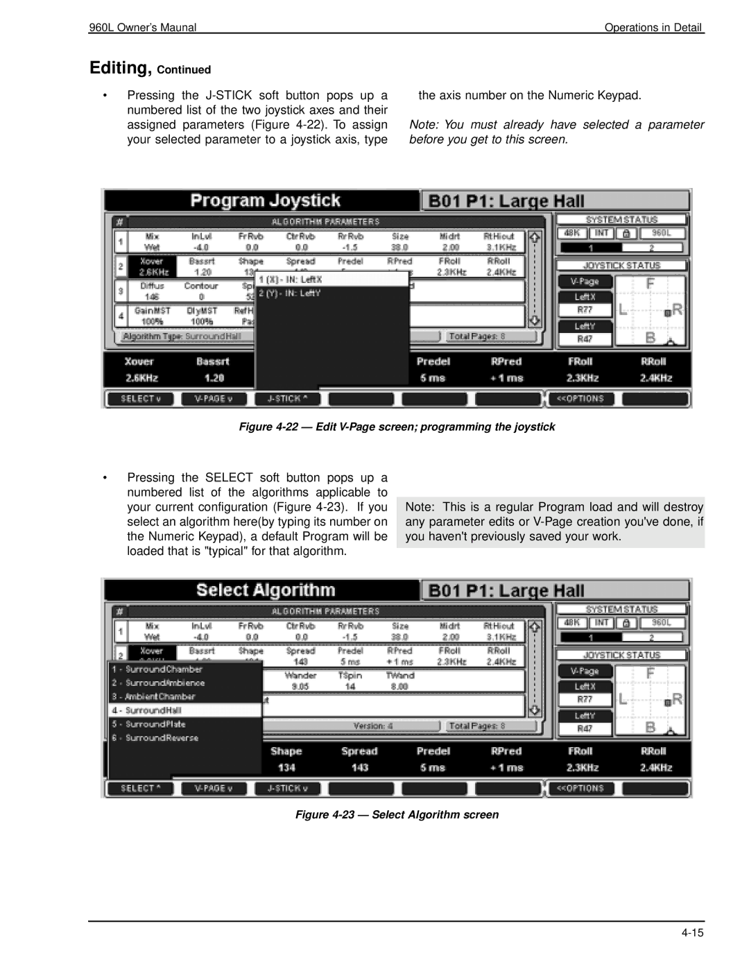 Lexicon 960L owner manual Edit V-Page screen programming the joystick 