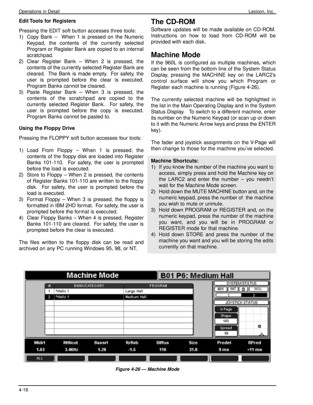 Lexicon 960L owner manual Cd-Rom, Machine Mode, Edit Tools for Registers, Using the Floppy Drive, Machine Shortcuts 