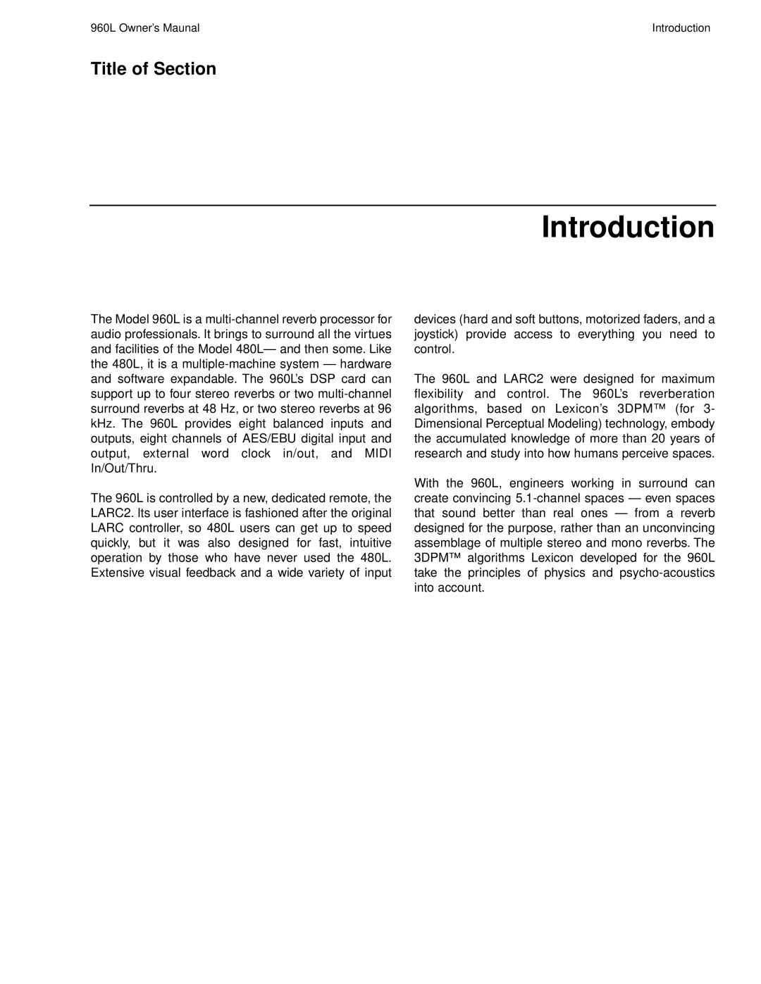 Lexicon 960L owner manual Introduction, Title of Section 