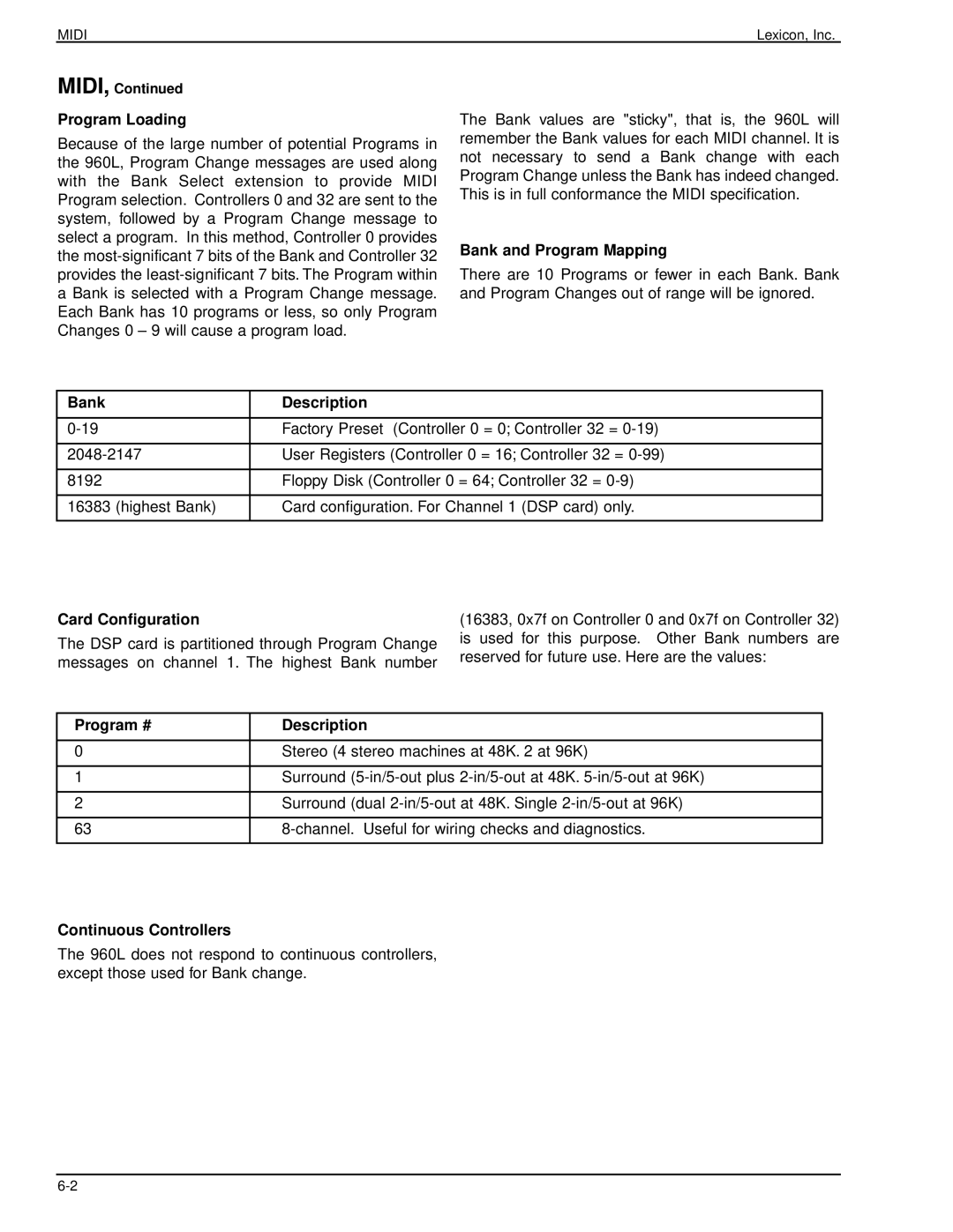 Lexicon 960L Bank and Program Mapping, Bank Description, Card Configuration, Program # Description, Continuous Controllers 