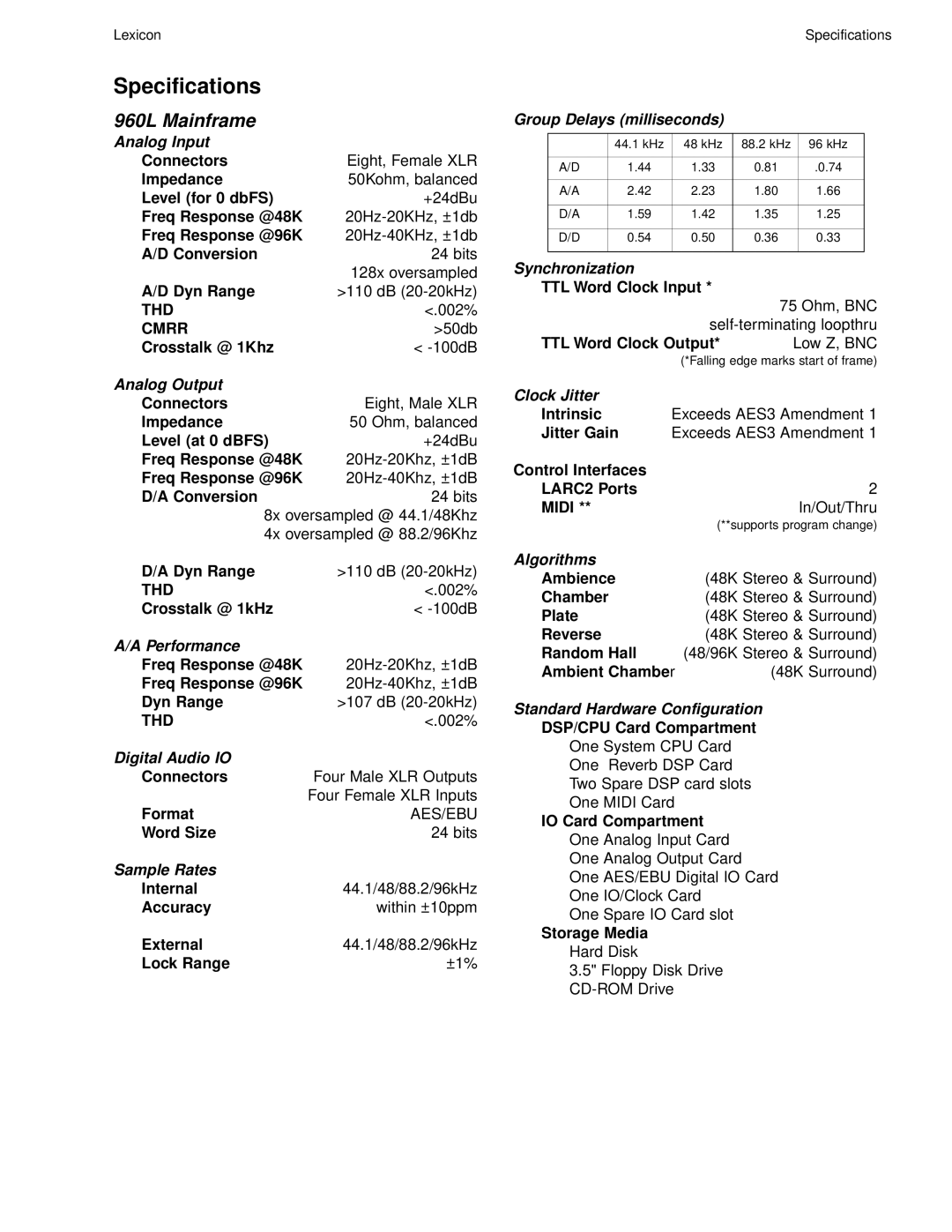 Lexicon 960L owner manual Specifications 